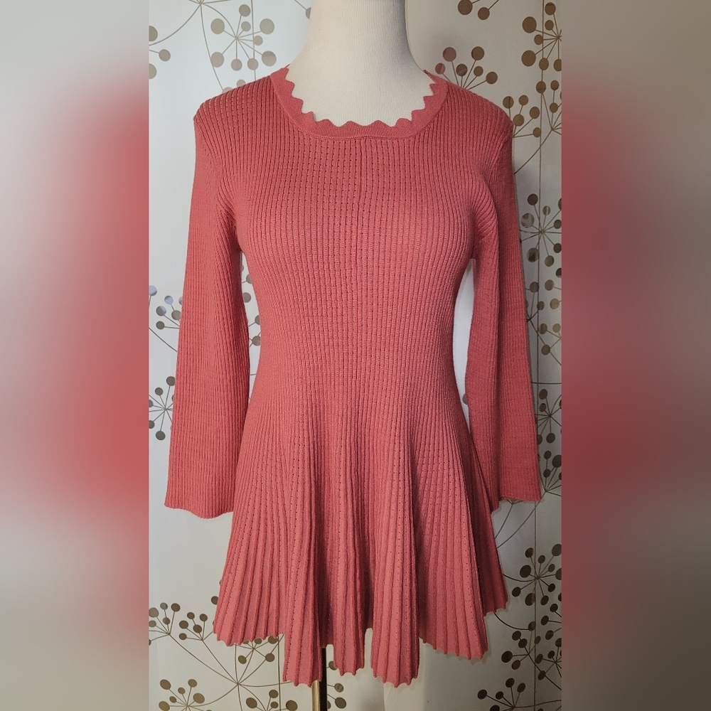 Chelsea & Theodore Dusty Rose Scalloped Ribbed Sweater Tunic XL